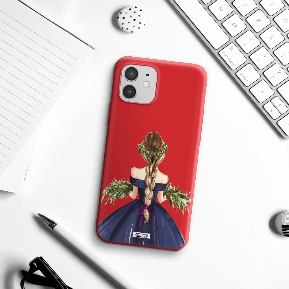 Long Hair Girl Watercolor Apple iPhone 12 Silicone Imperial Red Case