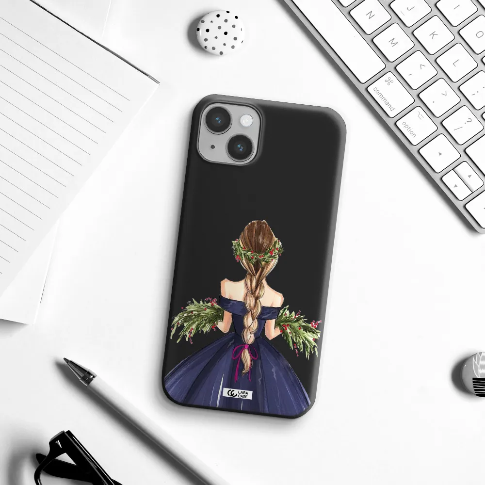 Long Hair Girl Watercolor Apple iPhone 14 plus Silicone black Case