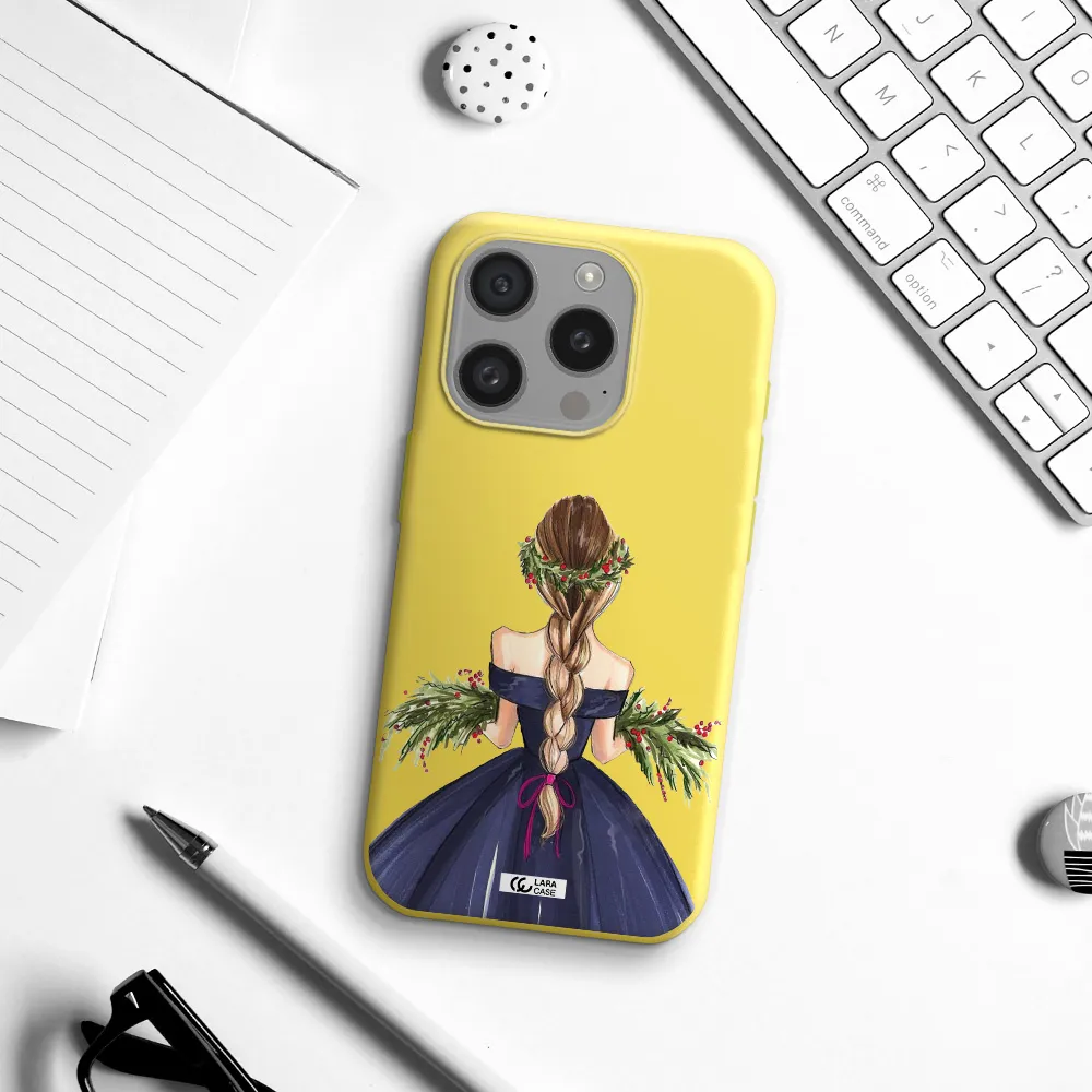 Long Hair Girl Watercolor Apple Iphone 15 Pro Silicone Canary Yellow Case