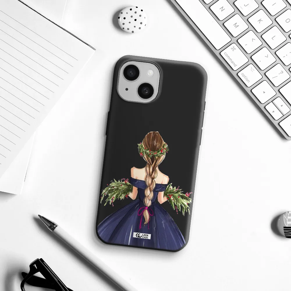 Long Hair Girl Watercolor Apple iPhone 15 Silicone black Case