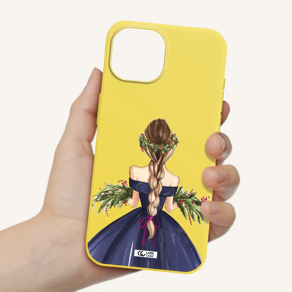 Long Hair Girl Watercolor Apple iPhone 15 Silicone canary yellow Case