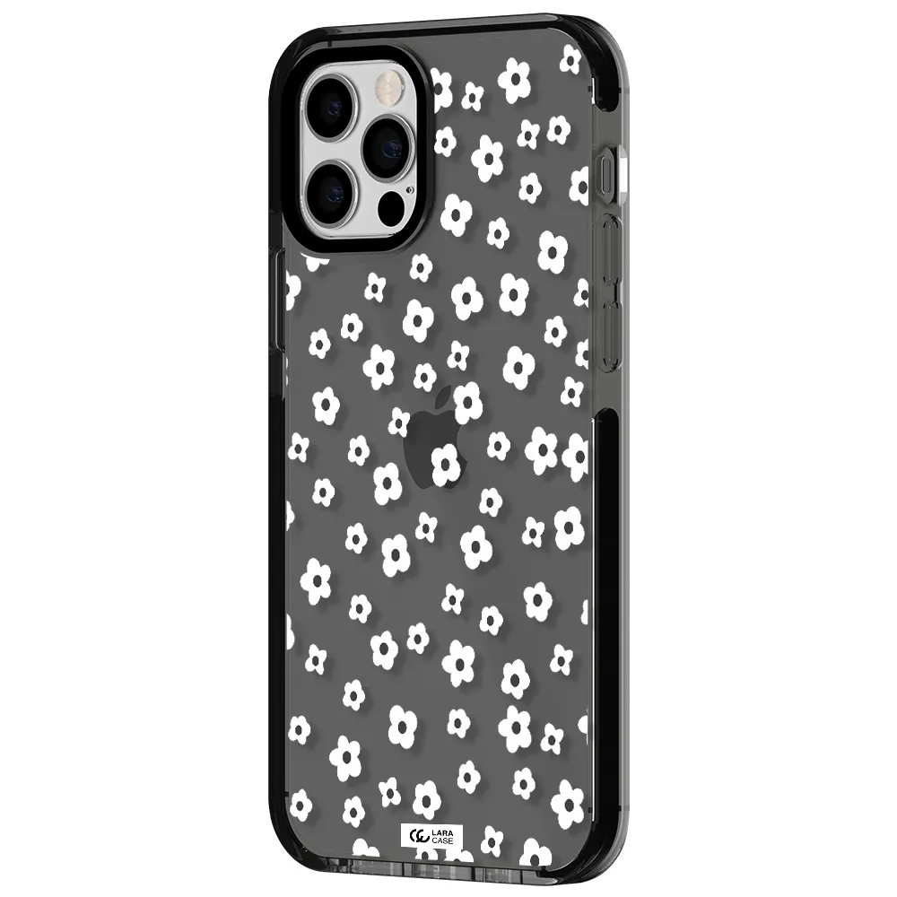 Five Petal White Flower Apple iPhone 12 pro impact Smoke Black Case