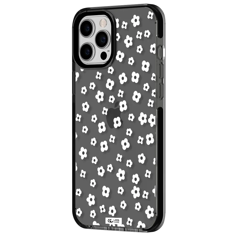 Five Petal White Flower Apple iPhone 12 pro max impact Smoke Black Case