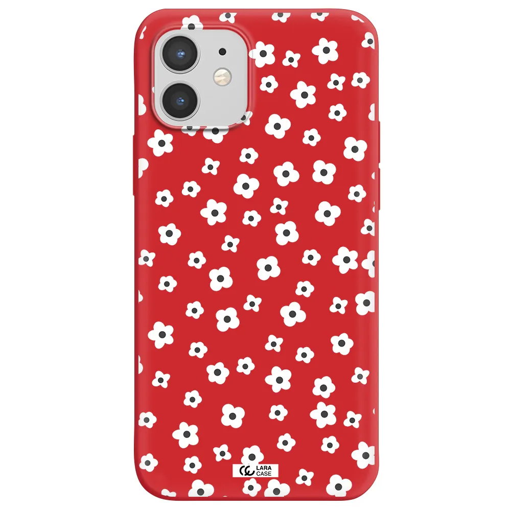 Five Petal White Flower Apple iPhone 12 Silicone Imperial Red Case