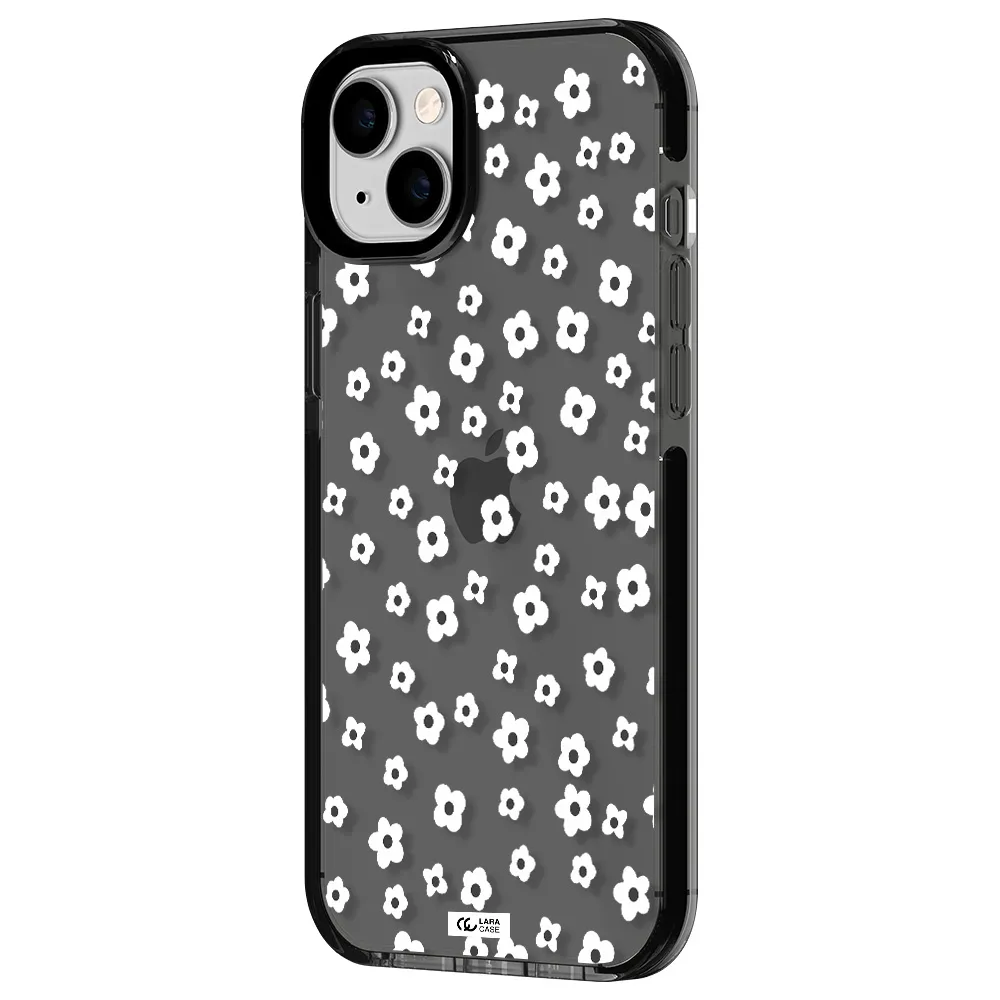 Five Petal White Flower Apple iPhone 14 plus impact Smoke Black Case