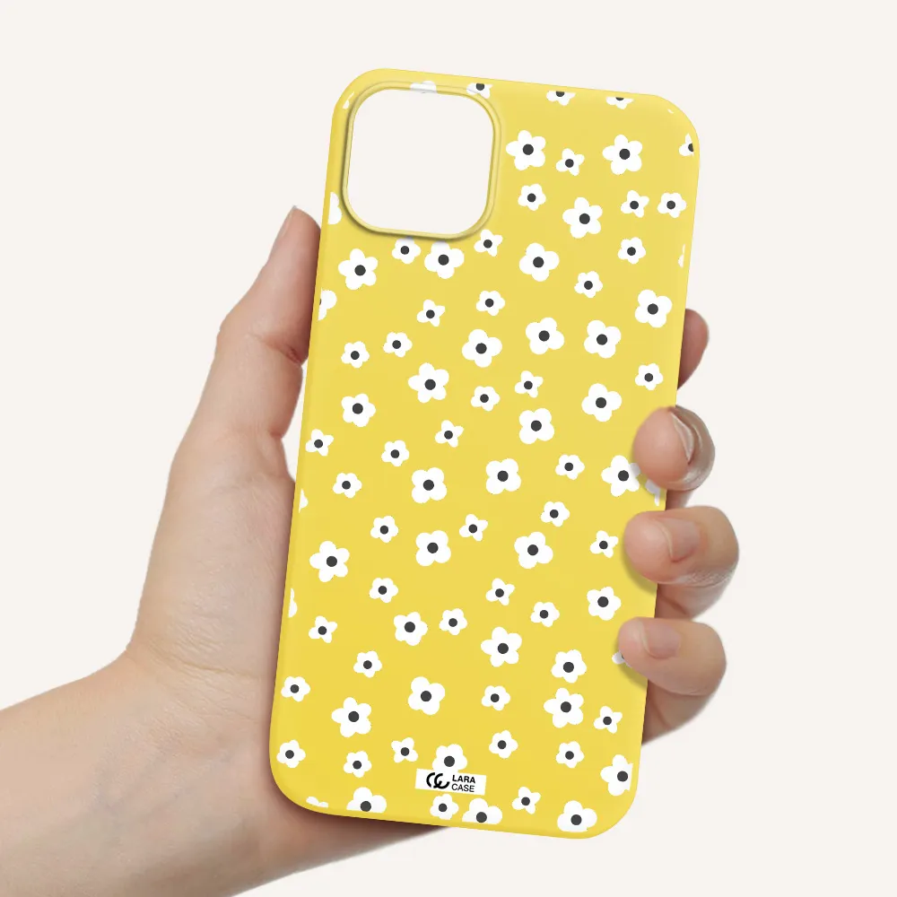 Five Petal White Flower Apple iPhone 14 plus Silicone canary yellow Case