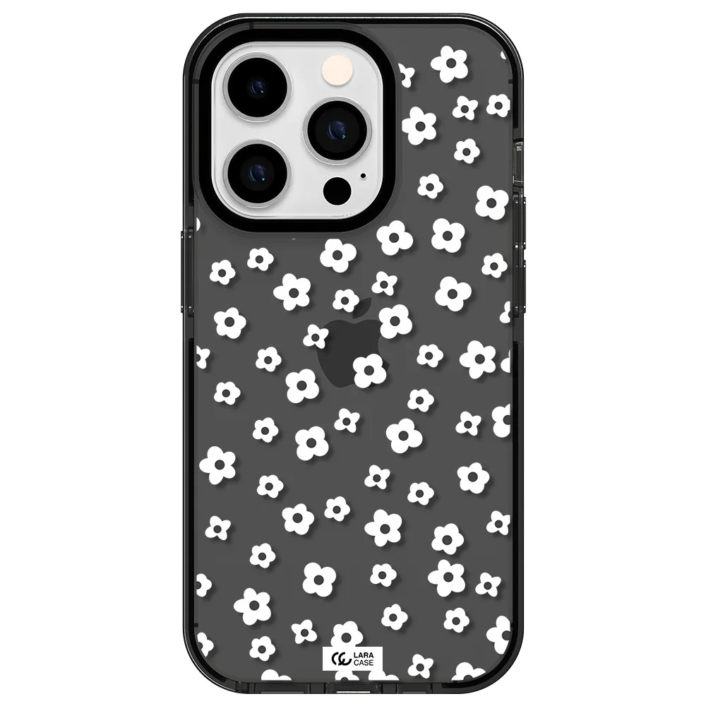 Five Petal White Flower Apple iPhone 14 pro impact Smoke Black Case