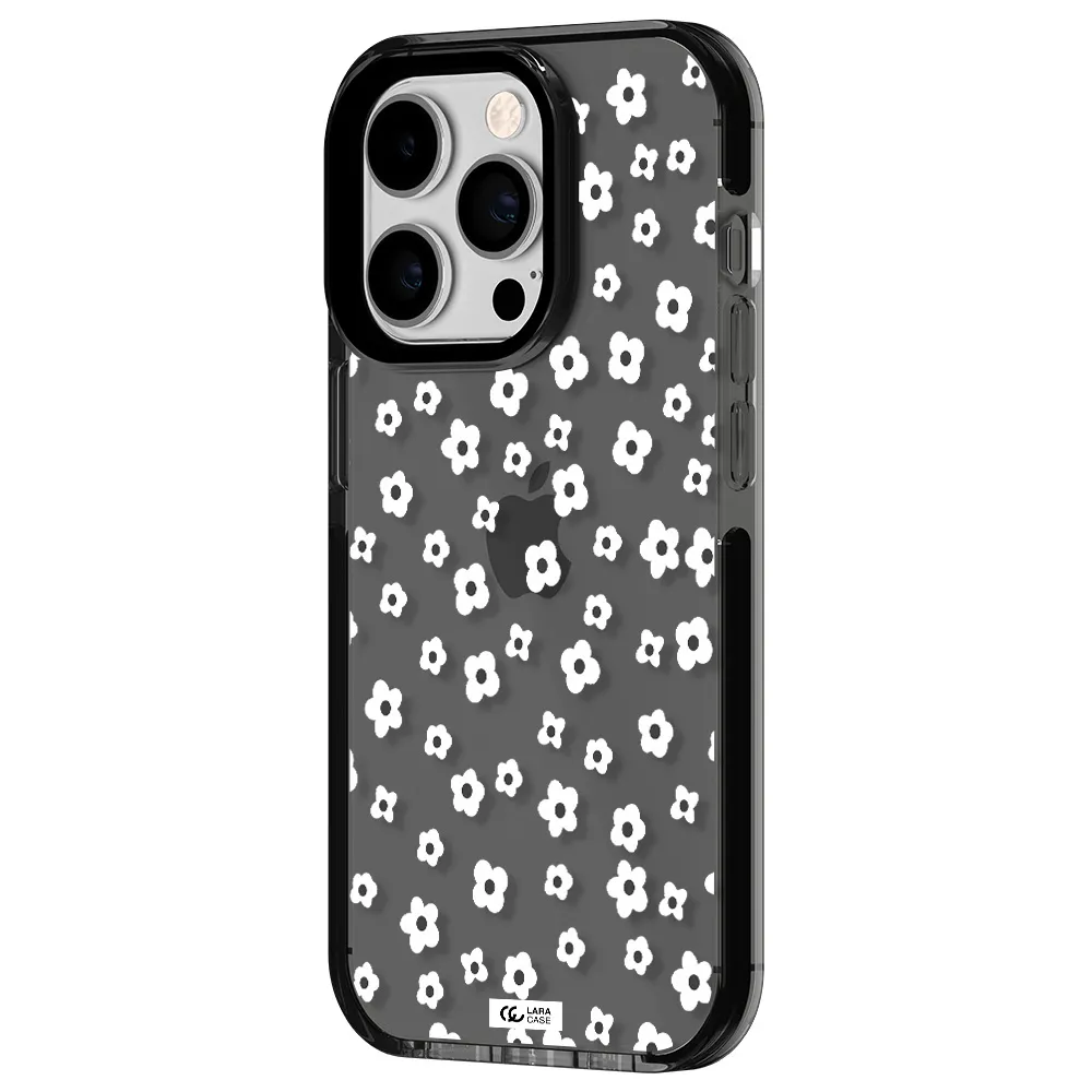 Five Petal White Flower Apple iPhone 14 pro impact Smoke Black Case