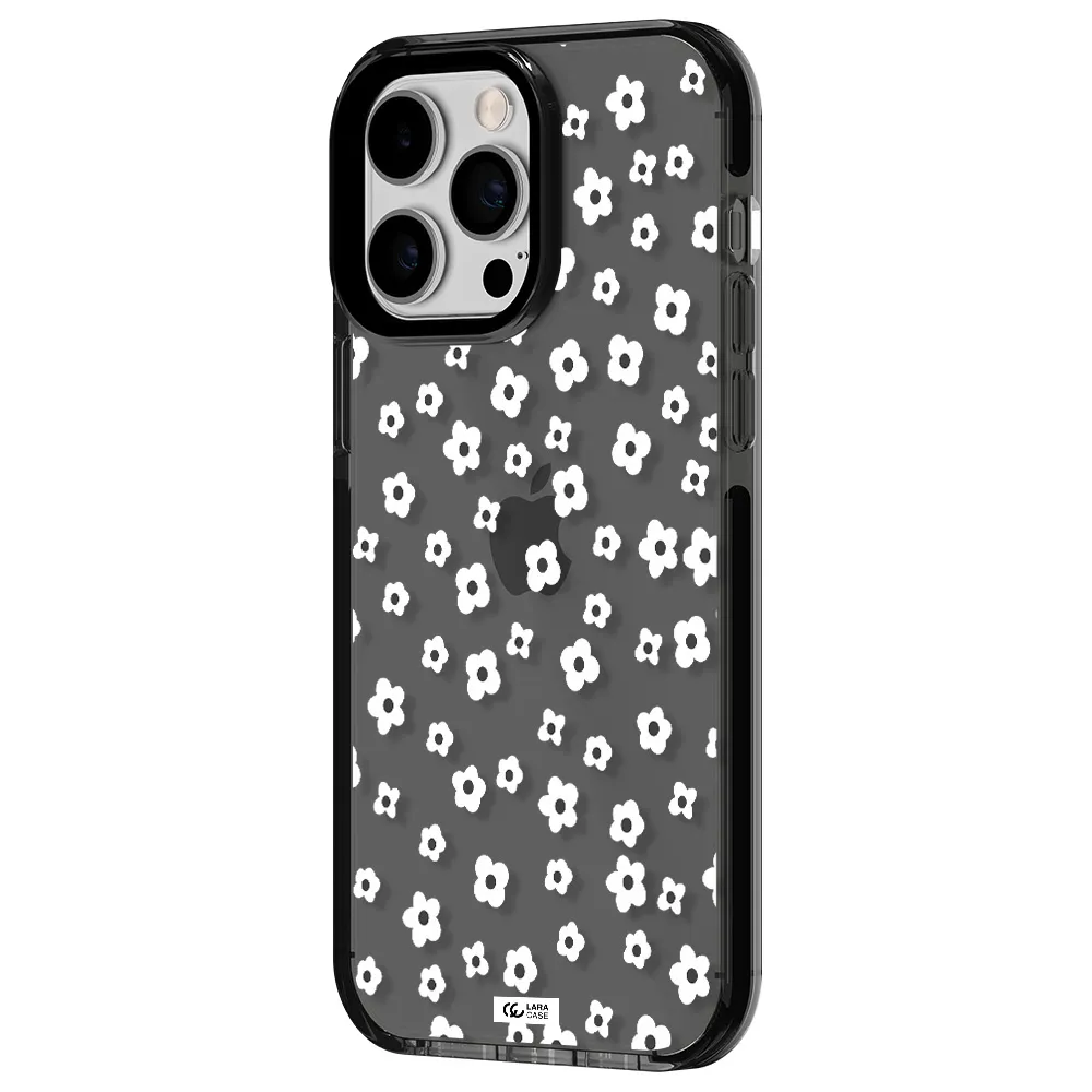 Five Petal White Flower Apple iPhone 14 pro max impact Smoke Black Case