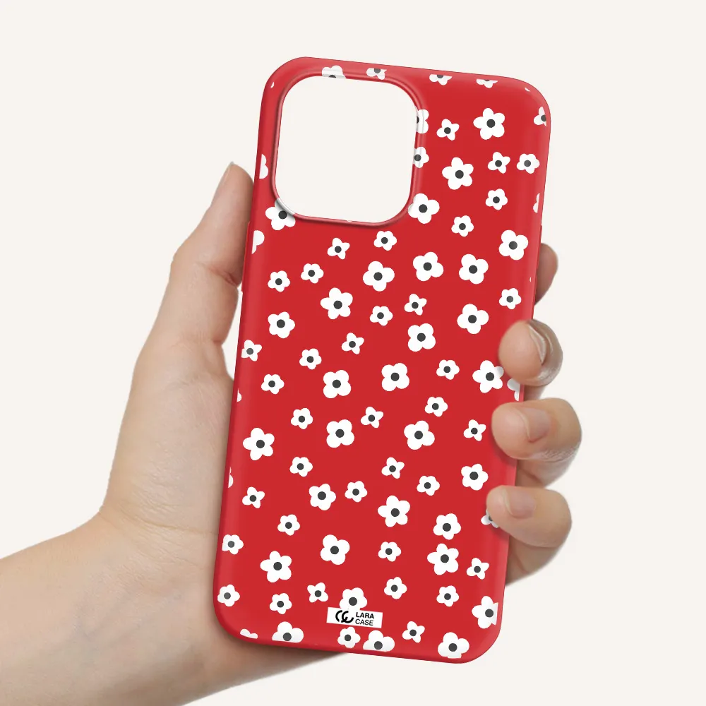 Five Petal White Flower Apple iPhone 14 pro max Silicone Imperial Red Case