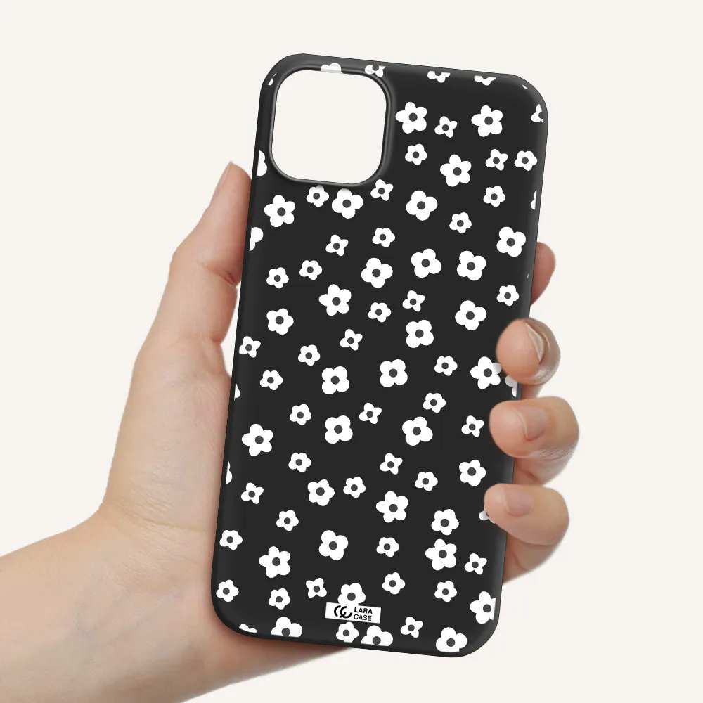 Five Petal White Flower Apple iPhone 14 Silicone black Case