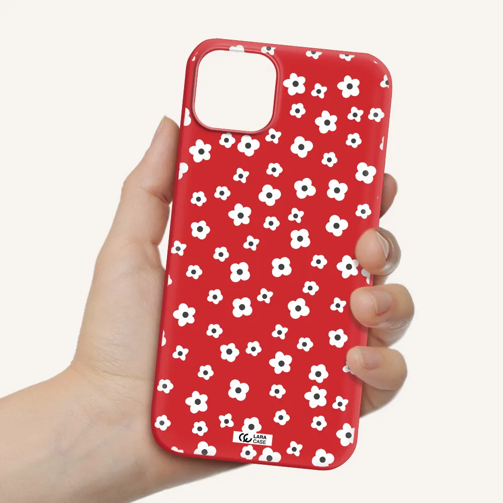Five Petal White Flower Apple iPhone 14 Silicone Imperial Red Case