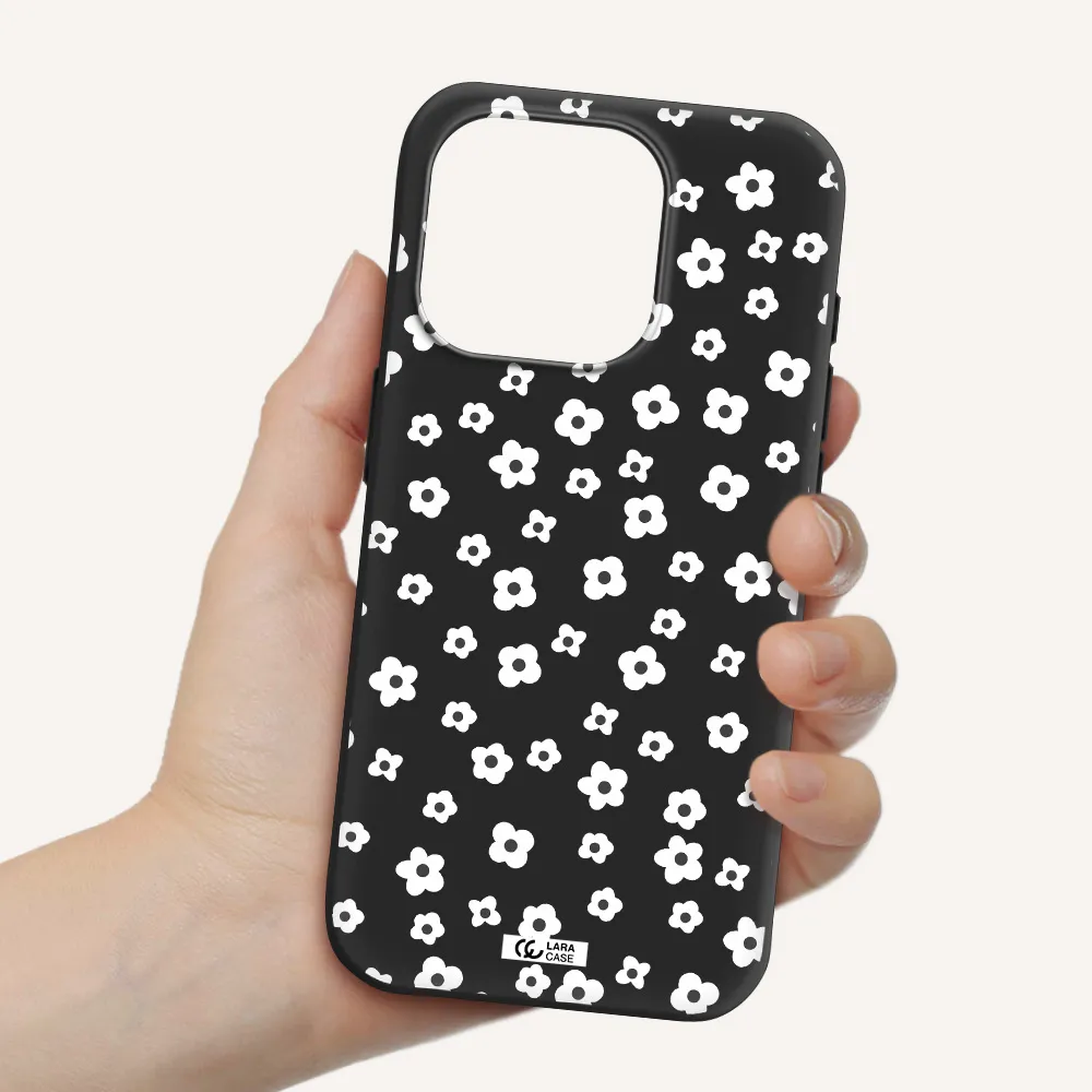 Five Petal White Flower Apple Iphone 15 Pro Silicone Black Case