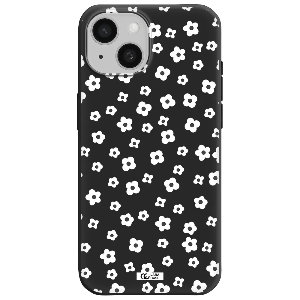 Five Petal White Flower Apple iPhone 15 Silicone black Case