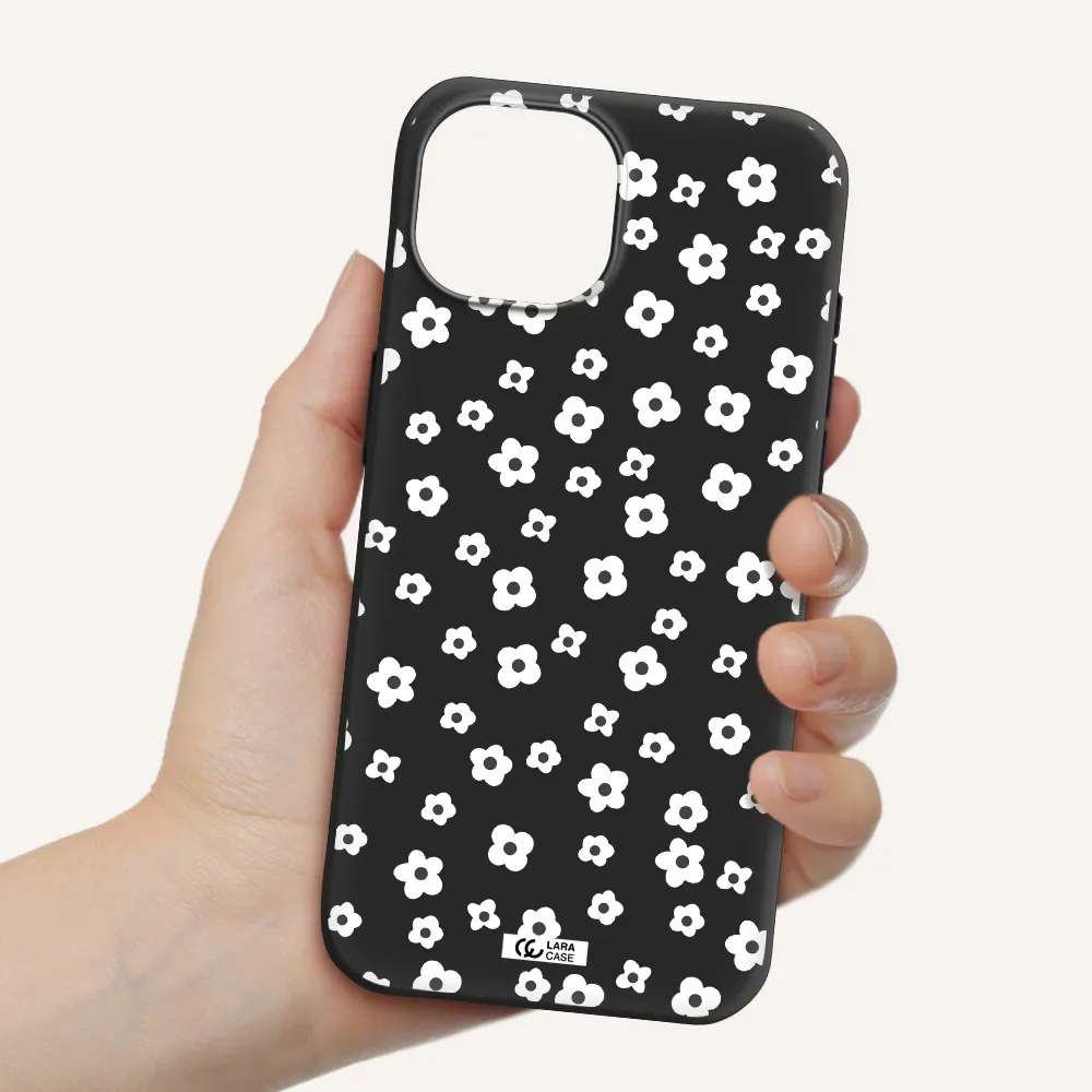 Five Petal White Flower Apple iPhone 15 Silicone black Case