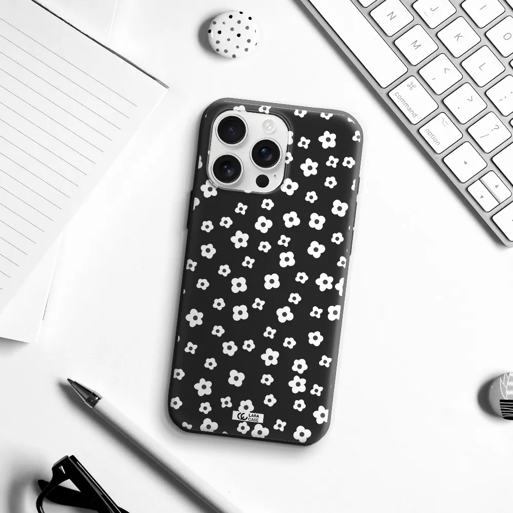Five Petal White Flower Apple Iphone 16 Pro Max Silicone Black Case