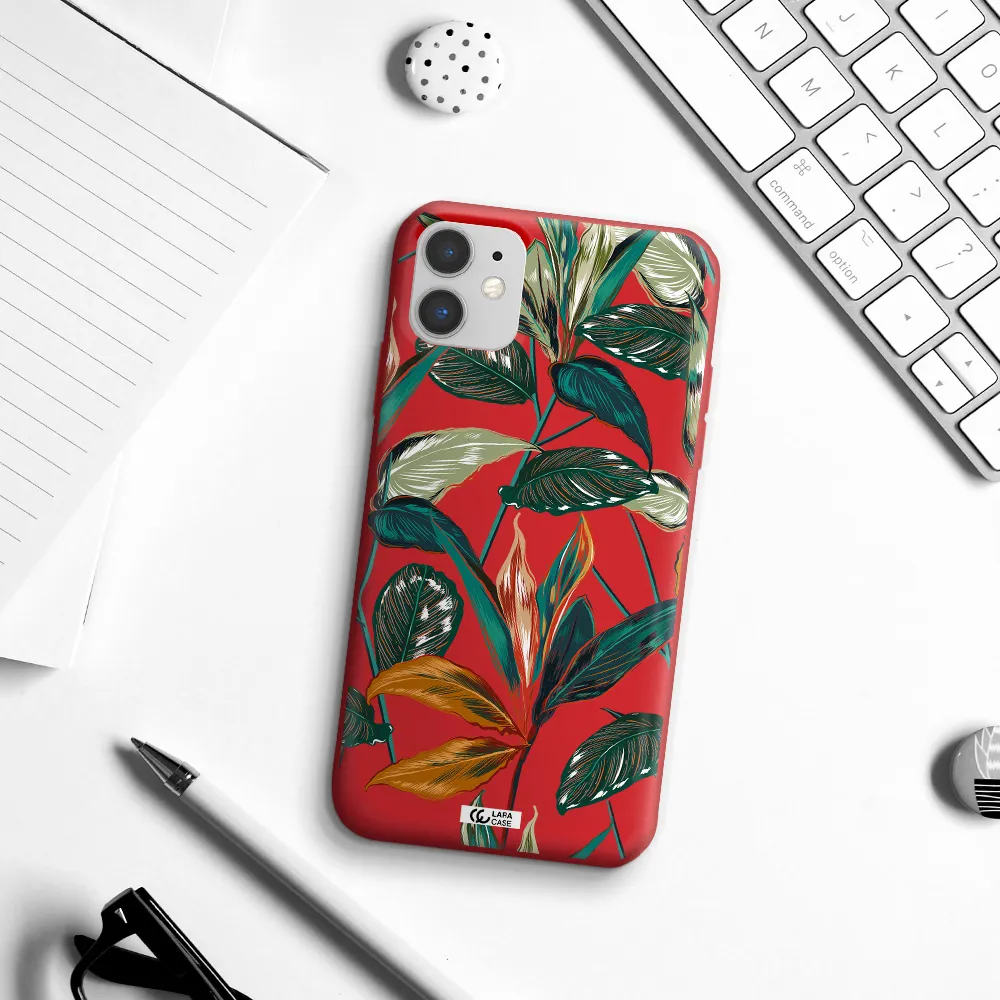 Colorful Tropical Leaves Apple iPhone 11 Silicone Imperial Red Case