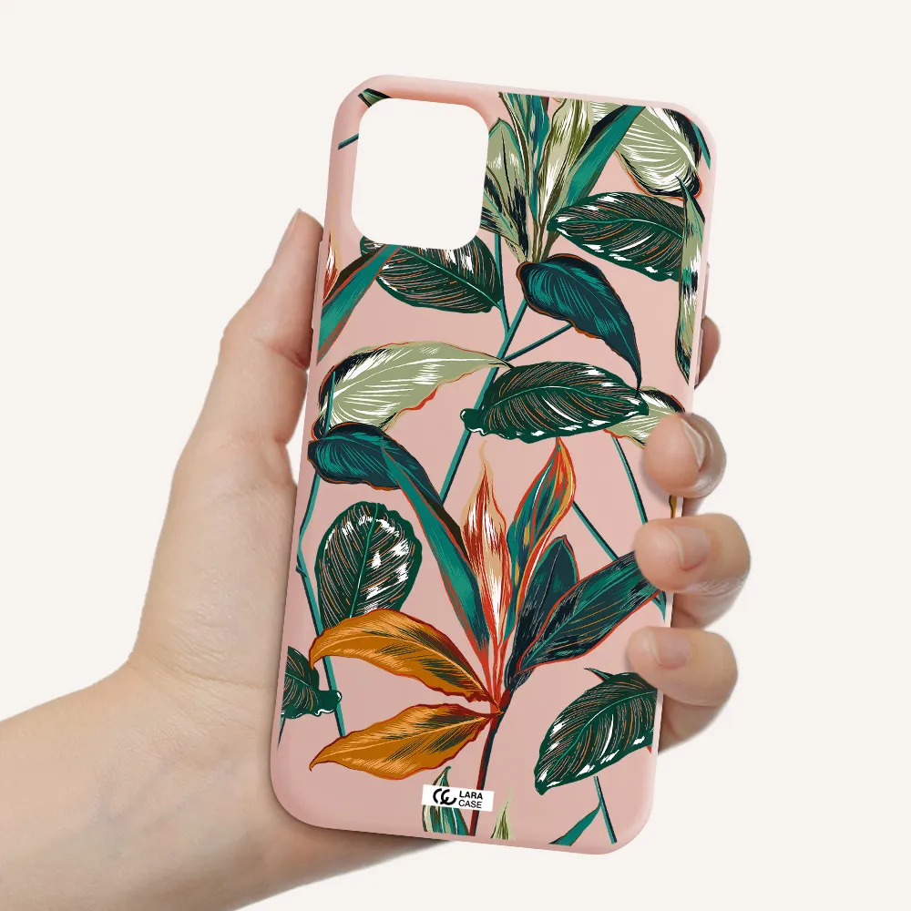 Colorful Tropical Leaves Apple iPhone 11 Silicone pastel pink Case