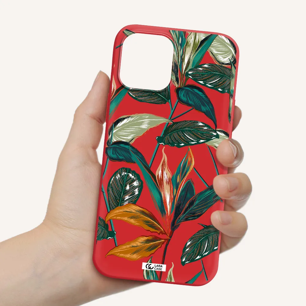 Colorful Tropical Leaves Apple iPhone 12 pro max Silicone Imperial Red Case