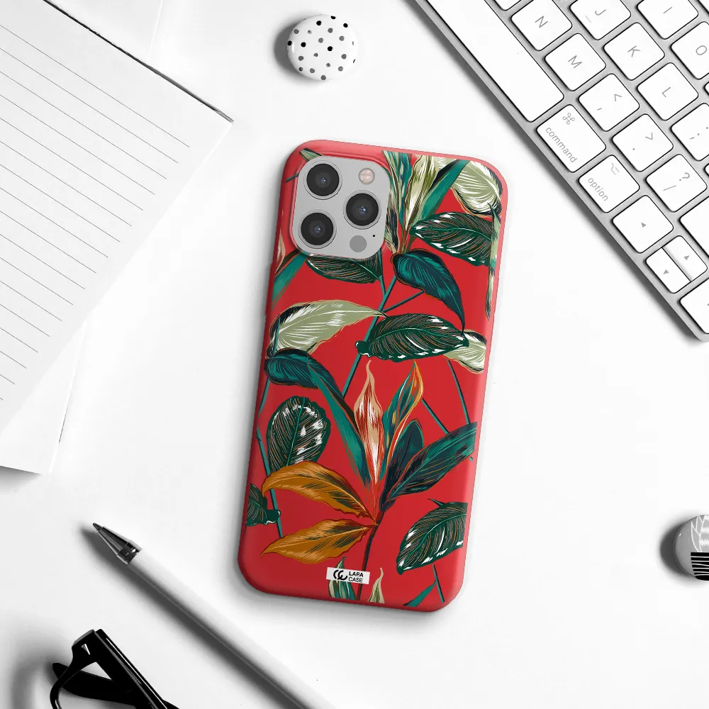 Colorful Tropical Leaves Apple iPhone 12 pro max Silicone Imperial Red Case