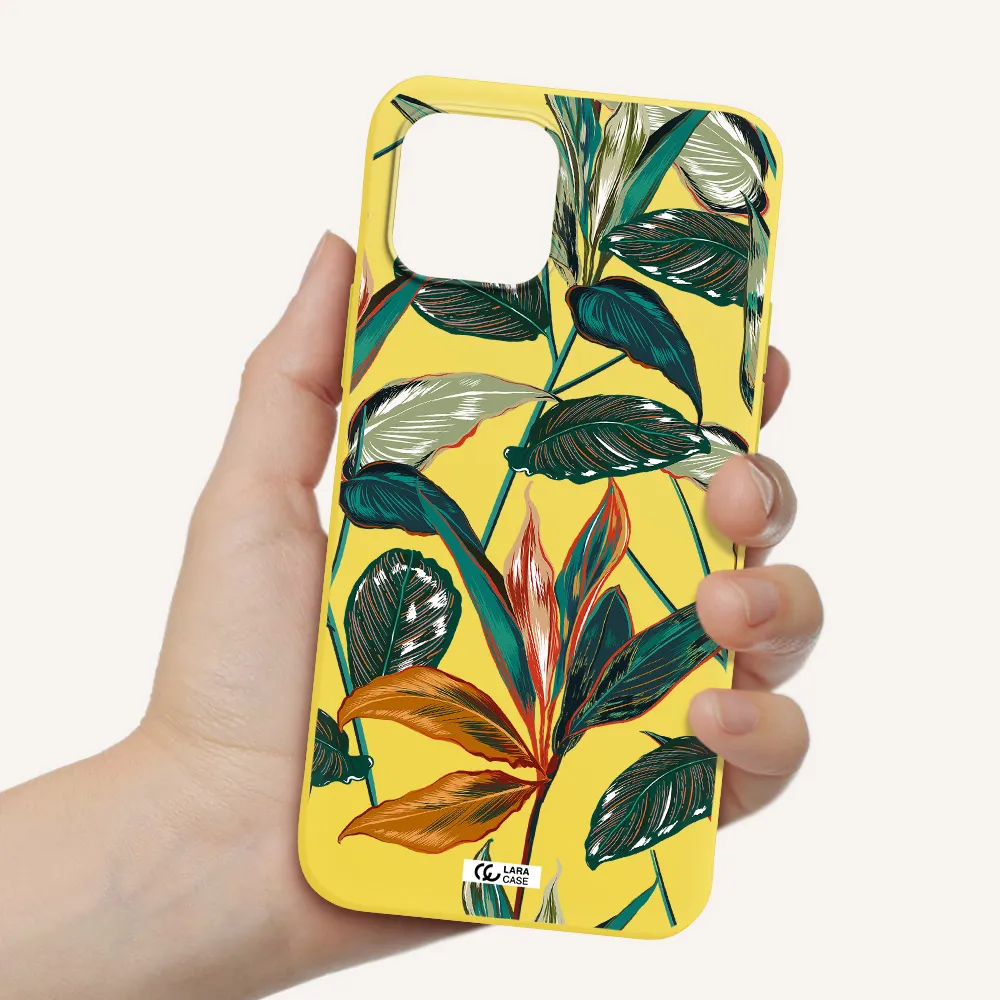 Colorful Tropical Leaves Apple iPhone 12 Silicone canary yellow Case