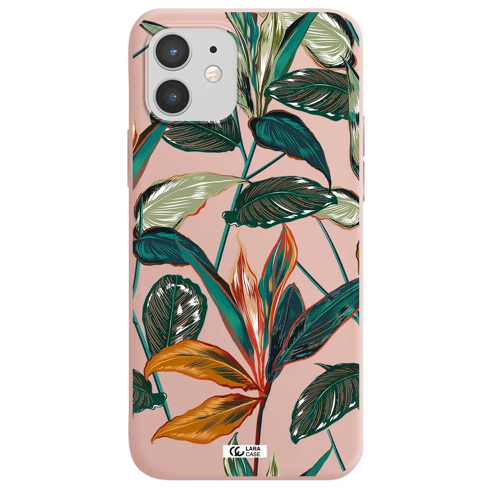 Colorful Tropical Leaves Apple iPhone 12 Silicone pastel pink Case