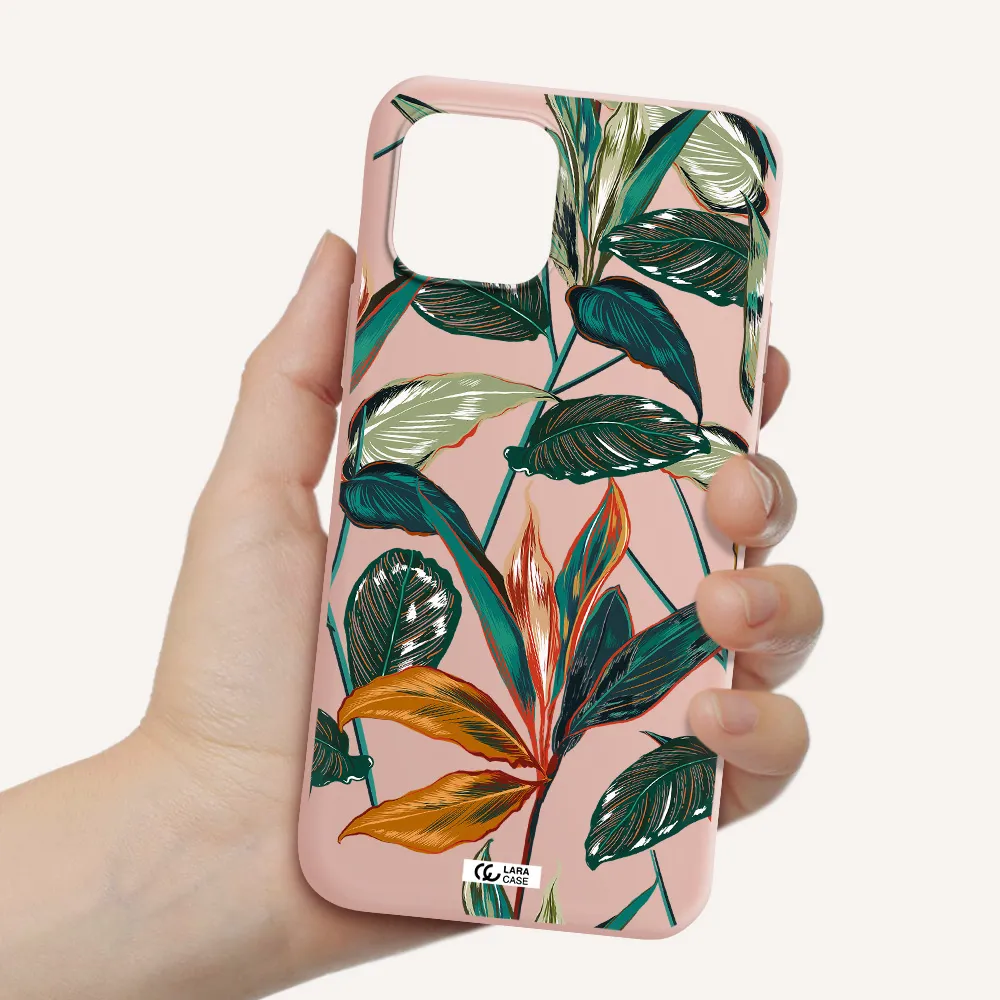 Colorful Tropical Leaves Apple iPhone 12 Silicone pastel pink Case