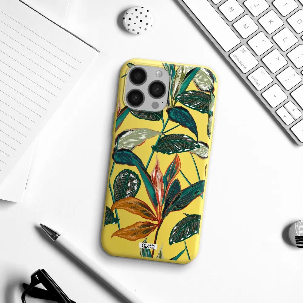 Colorful Tropical Leaves Apple iPhone 13 Pro Max Silicone canary yellow Case