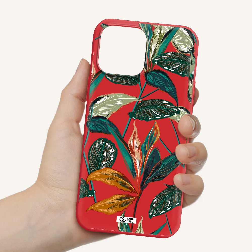 Colorful Tropical Leaves Apple iPhone 13 Pro Max Silicone Imperial Red Case