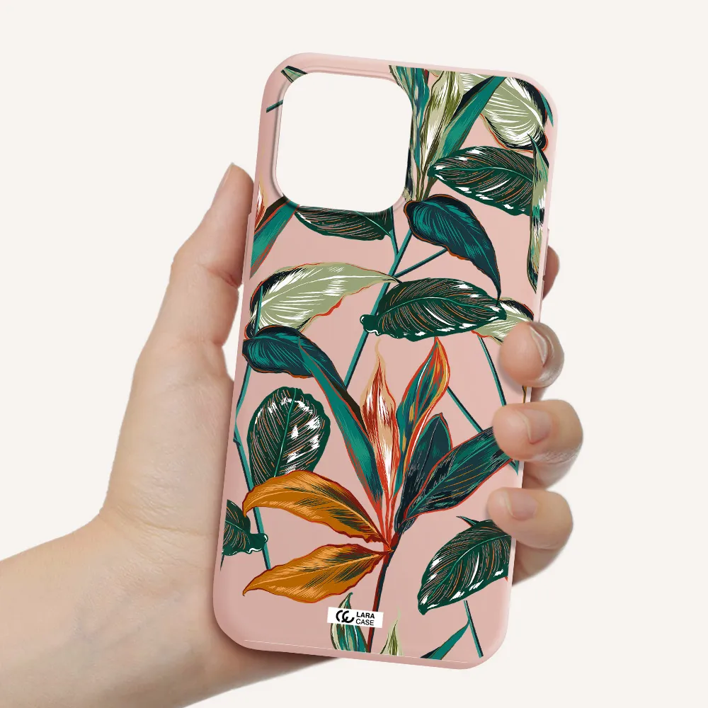 Colorful Tropical Leaves Apple iPhone 13 Pro Max Silicone pastel pink Case