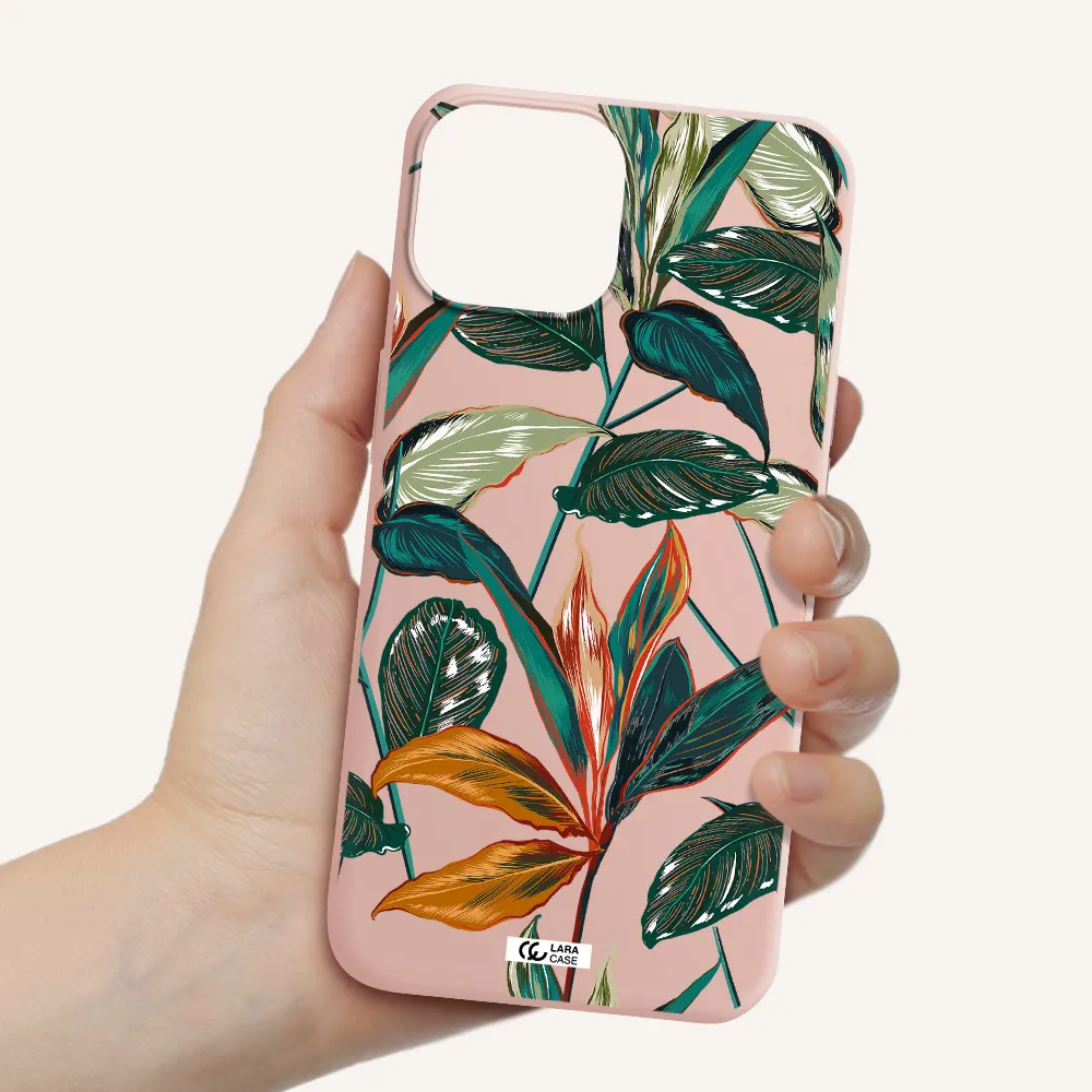 Colorful Tropical Leaves Apple iPhone 13 Silicone pastel pink Case