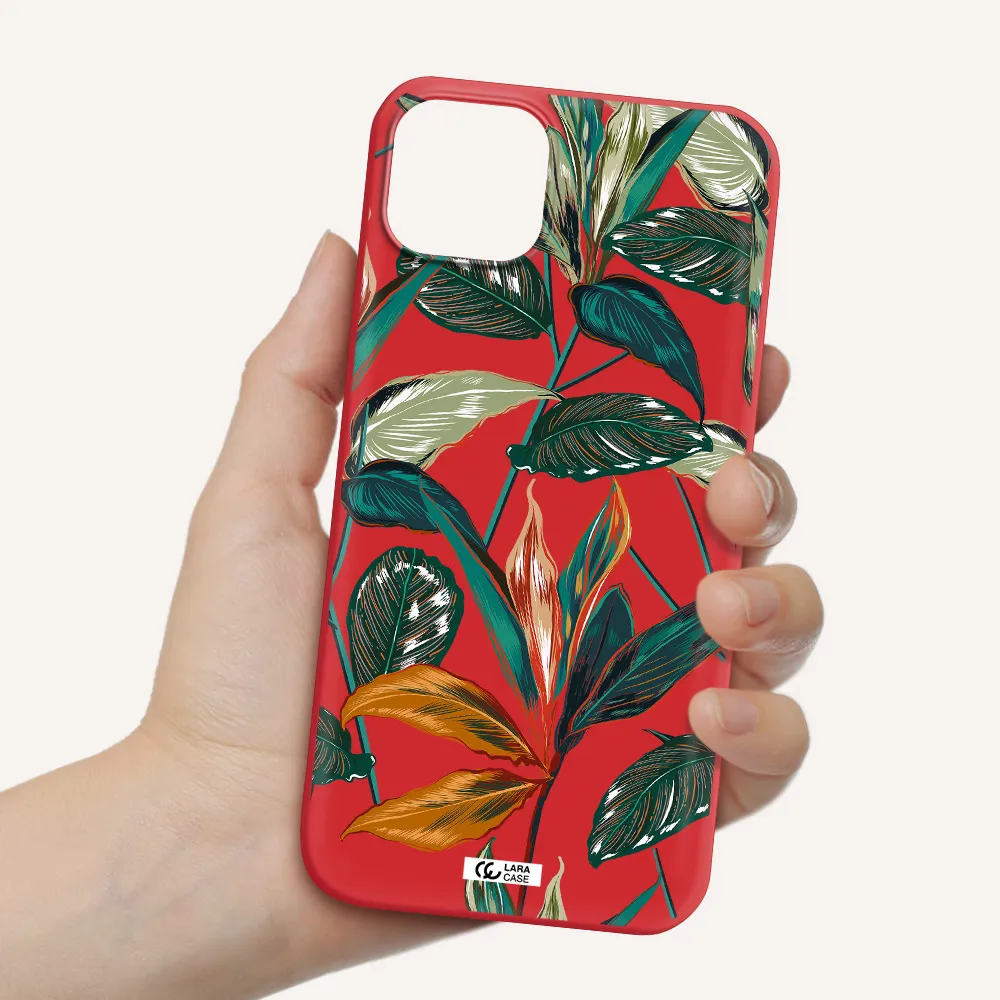 Colorful Tropical Leaves Apple iPhone 14 plus Silicone Imperial Red Case