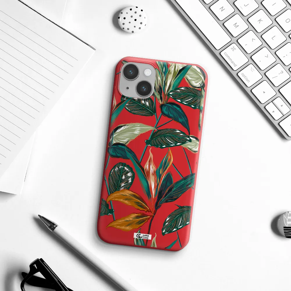 Colorful Tropical Leaves Apple iPhone 14 plus Silicone Imperial Red Case