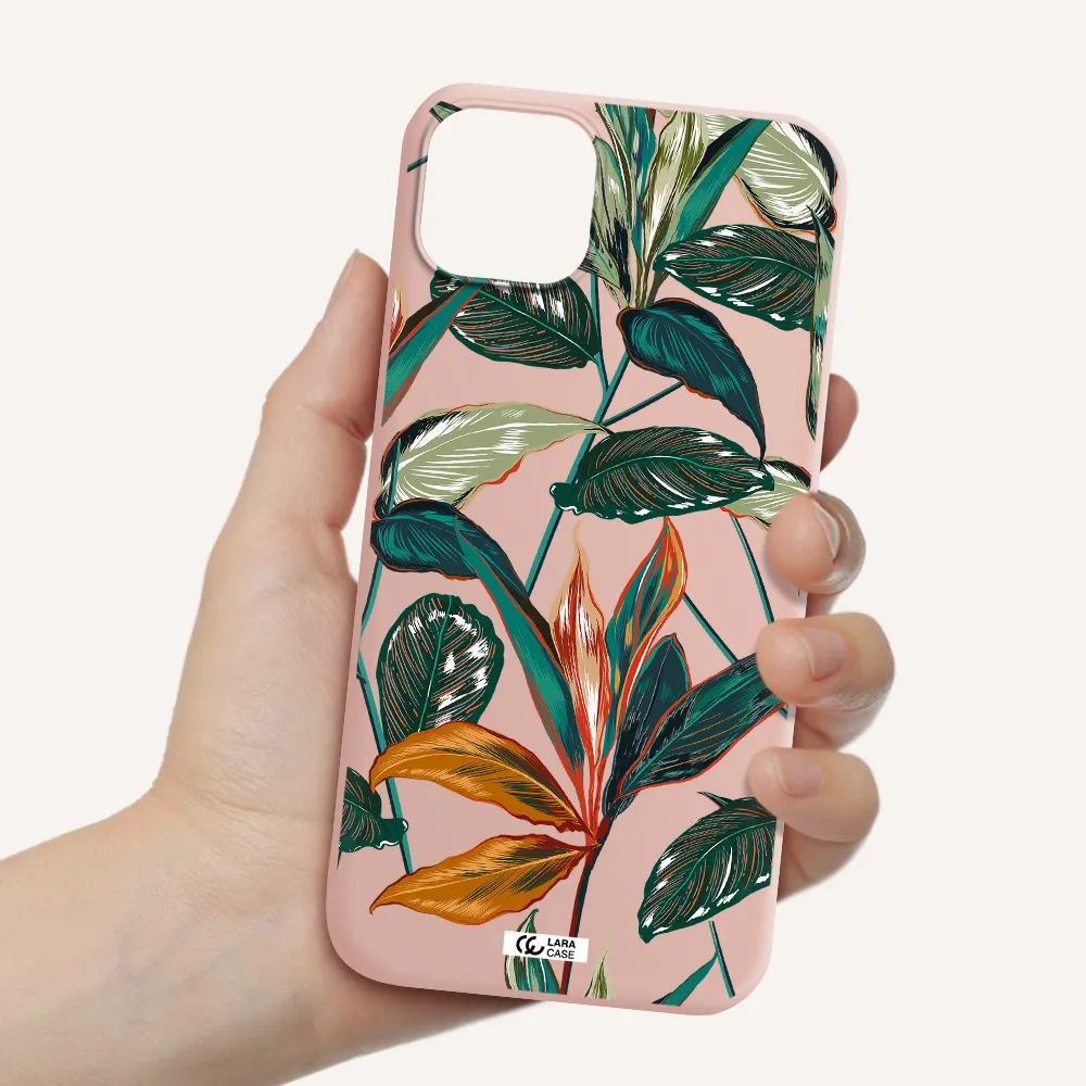 Colorful Tropical Leaves Apple iPhone 14 plus Silicone pastel pink Case