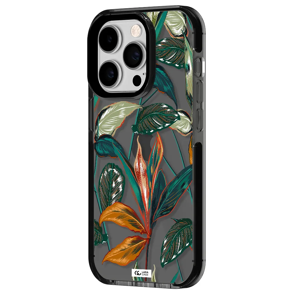 Colorful Tropical Leaves Apple iPhone 14 pro impact Smoke Black Case