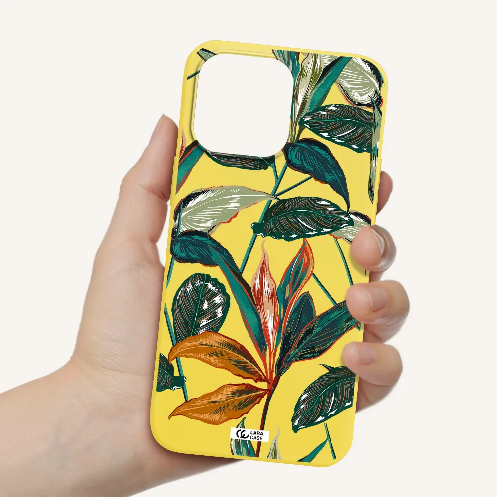Colorful Tropical Leaves Apple iPhone 14 pro max Silicone canary yellow Case