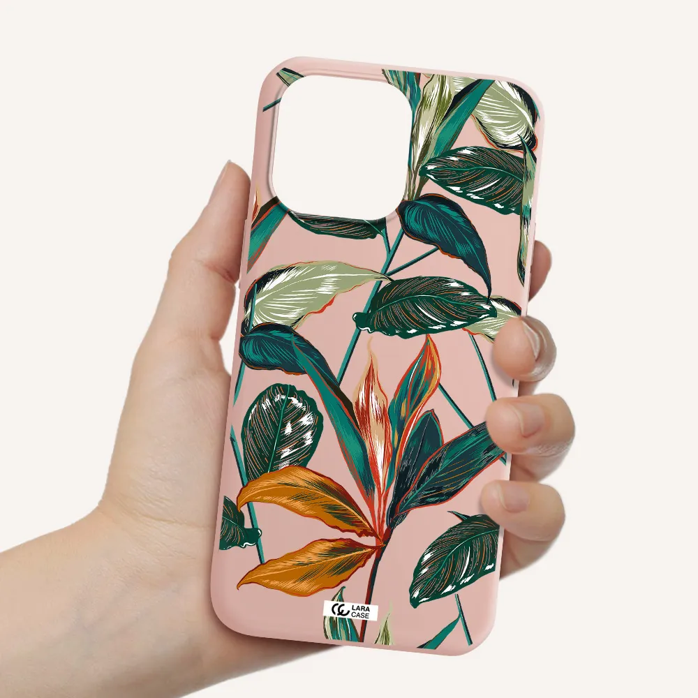 Colorful Tropical Leaves Apple iPhone 14 pro max Silicone pastel pink Case