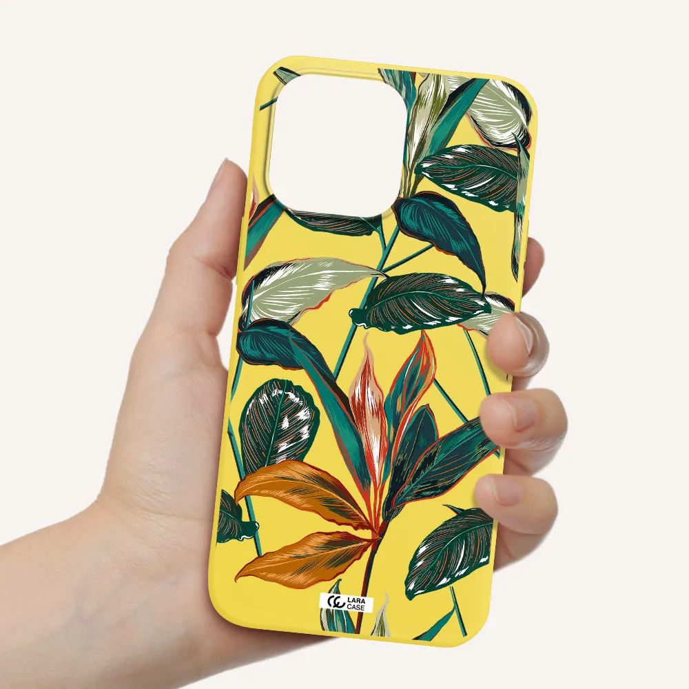 Colorful Tropical Leaves Apple iPhone 14 pro Silicone canary yellow Case