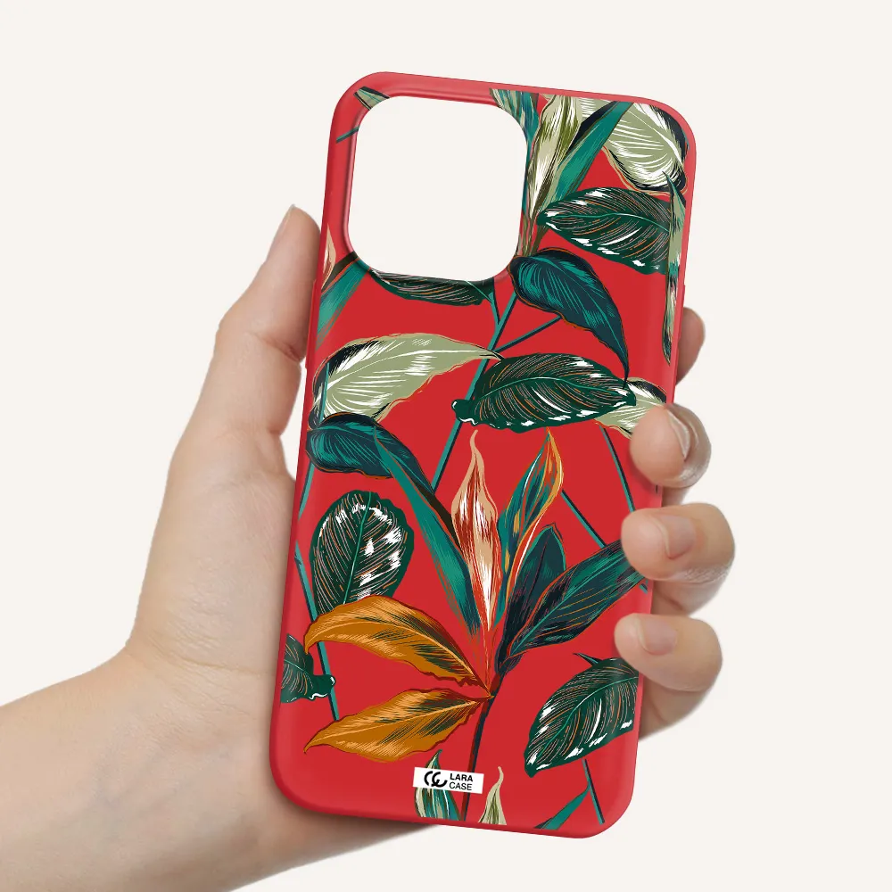 Colorful Tropical Leaves Apple iPhone 14 pro Silicone Imperial Red Case