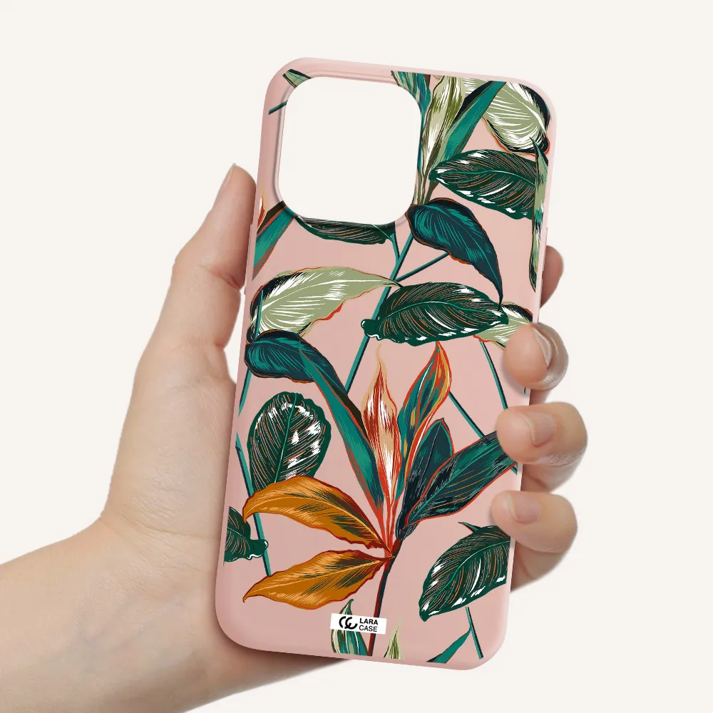 Colorful Tropical Leaves Apple iPhone 14 pro Silicone pastel pink Case
