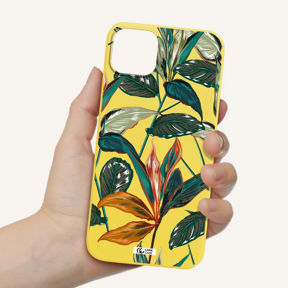Colorful Tropical Leaves Apple iPhone 14 Silicone canary yellow Case
