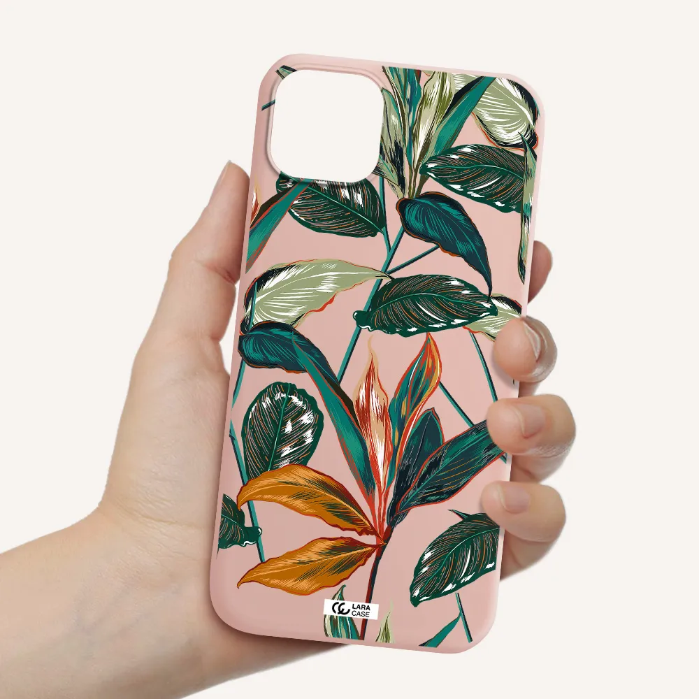 Colorful Tropical Leaves Apple iPhone 14 Silicone pastel pink Case