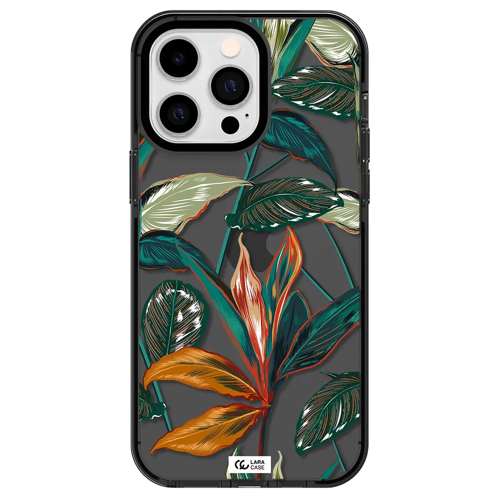 Colorful Tropical Leaves Apple iPhone 15 Pro Max impact Smoke Black Case