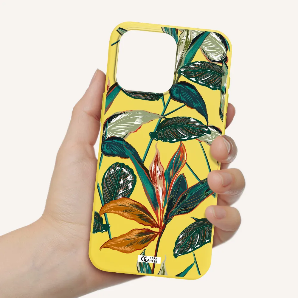 Colorful Tropical Leaves Apple Iphone 15 Pro max Silicone canary yellow Case
