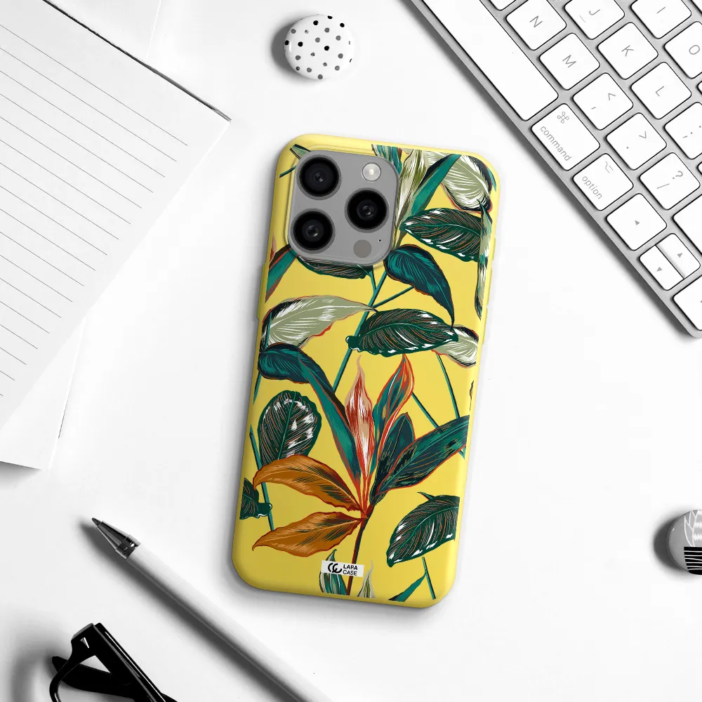 Colorful Tropical Leaves Apple Iphone 15 Pro max Silicone canary yellow Case