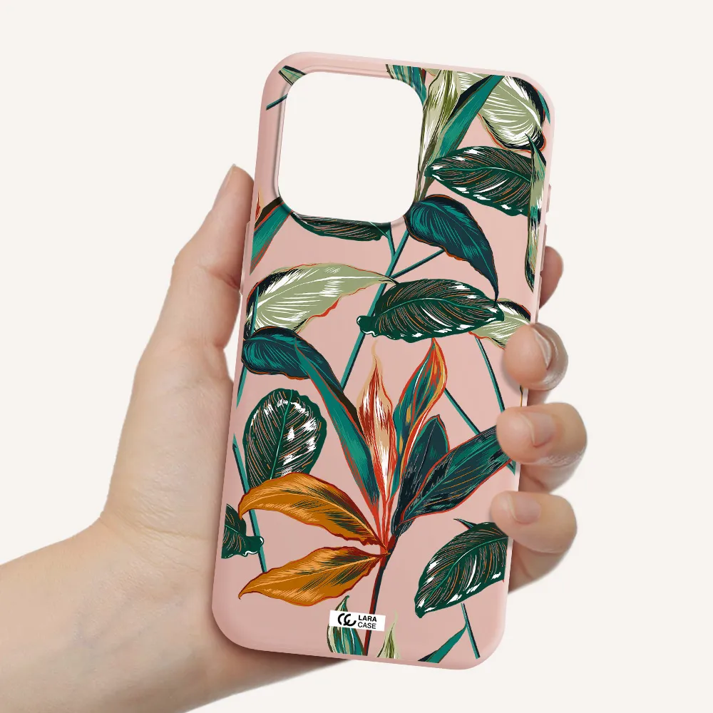 Colorful Tropical Leaves Apple Iphone 15 Pro max Silicone pastel pink Case