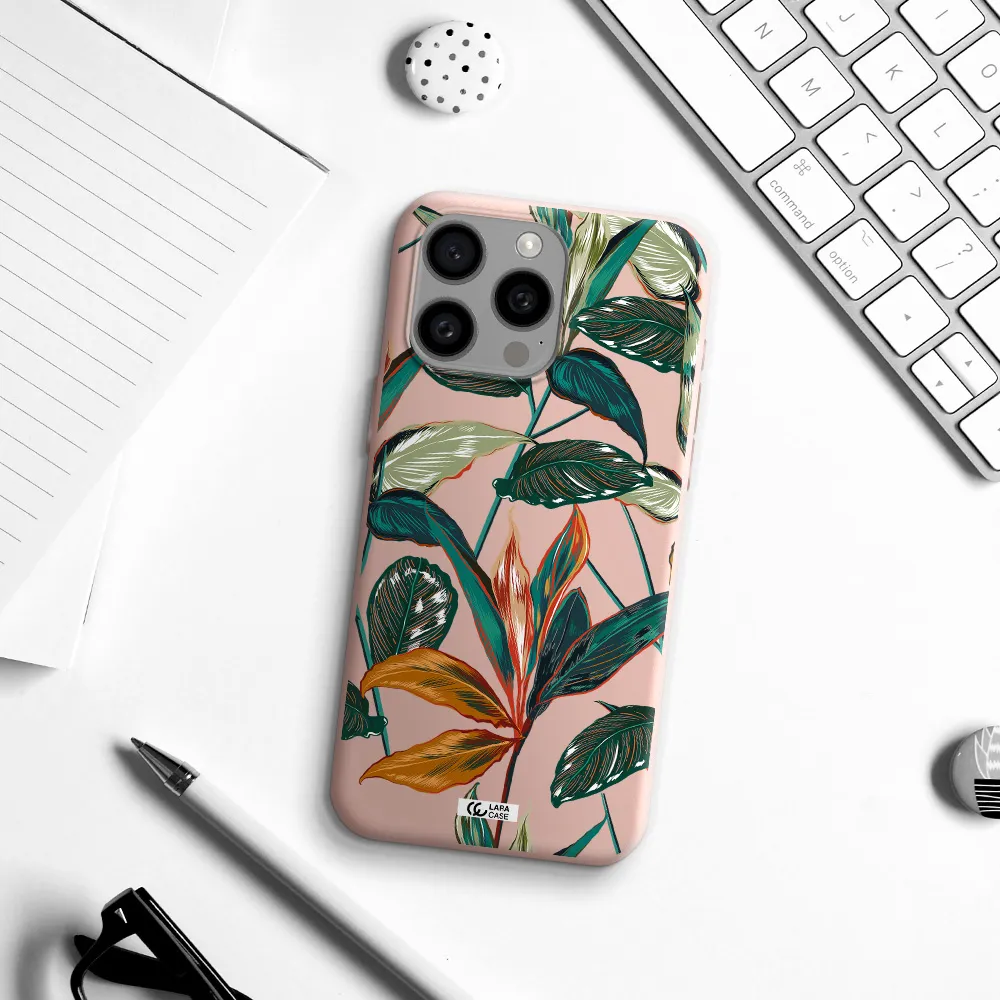 Colorful Tropical Leaves Apple Iphone 15 Pro max Silicone pastel pink Case