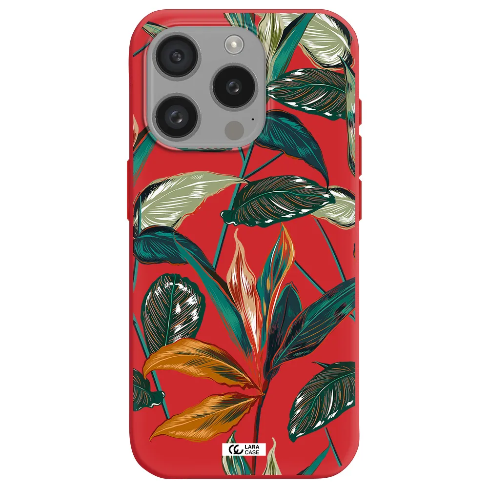 Colorful Tropical Leaves Apple Iphone 15 Pro Silicone Imperial Red Case