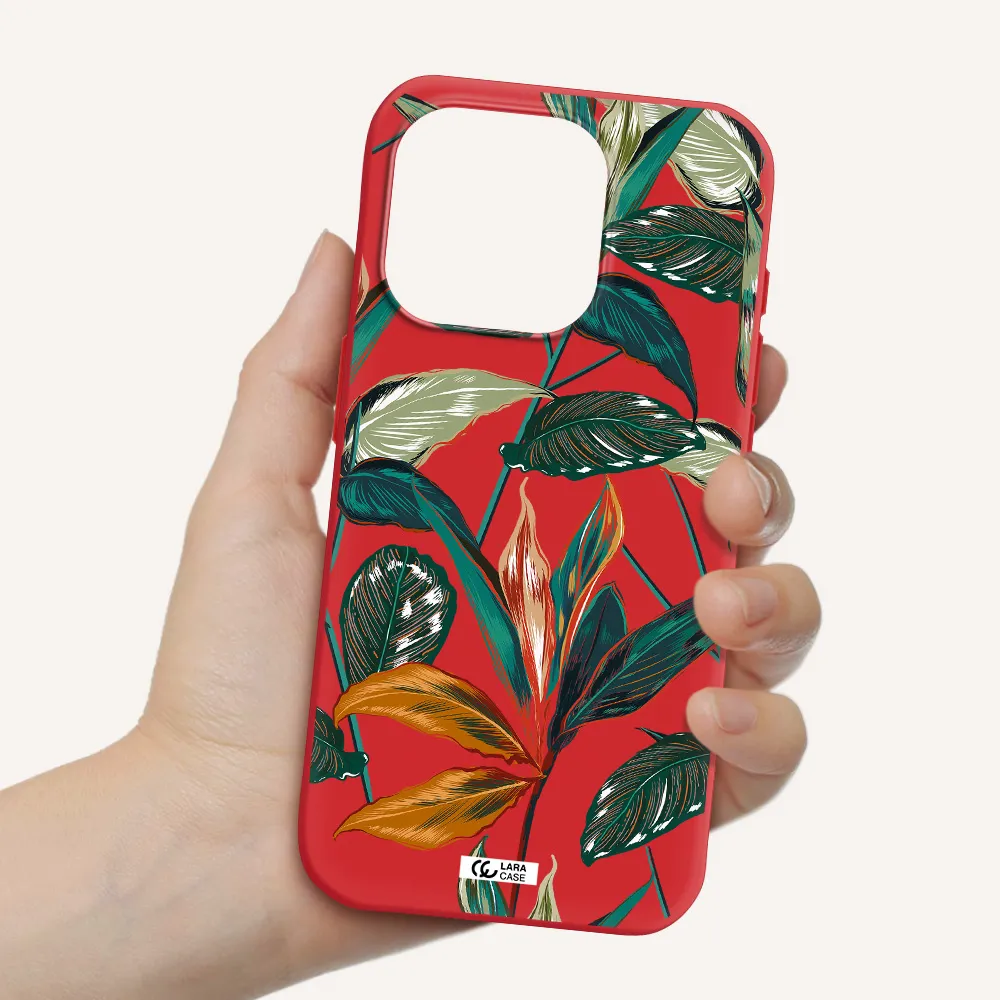 Colorful Tropical Leaves Apple Iphone 15 Pro Silicone Imperial Red Case