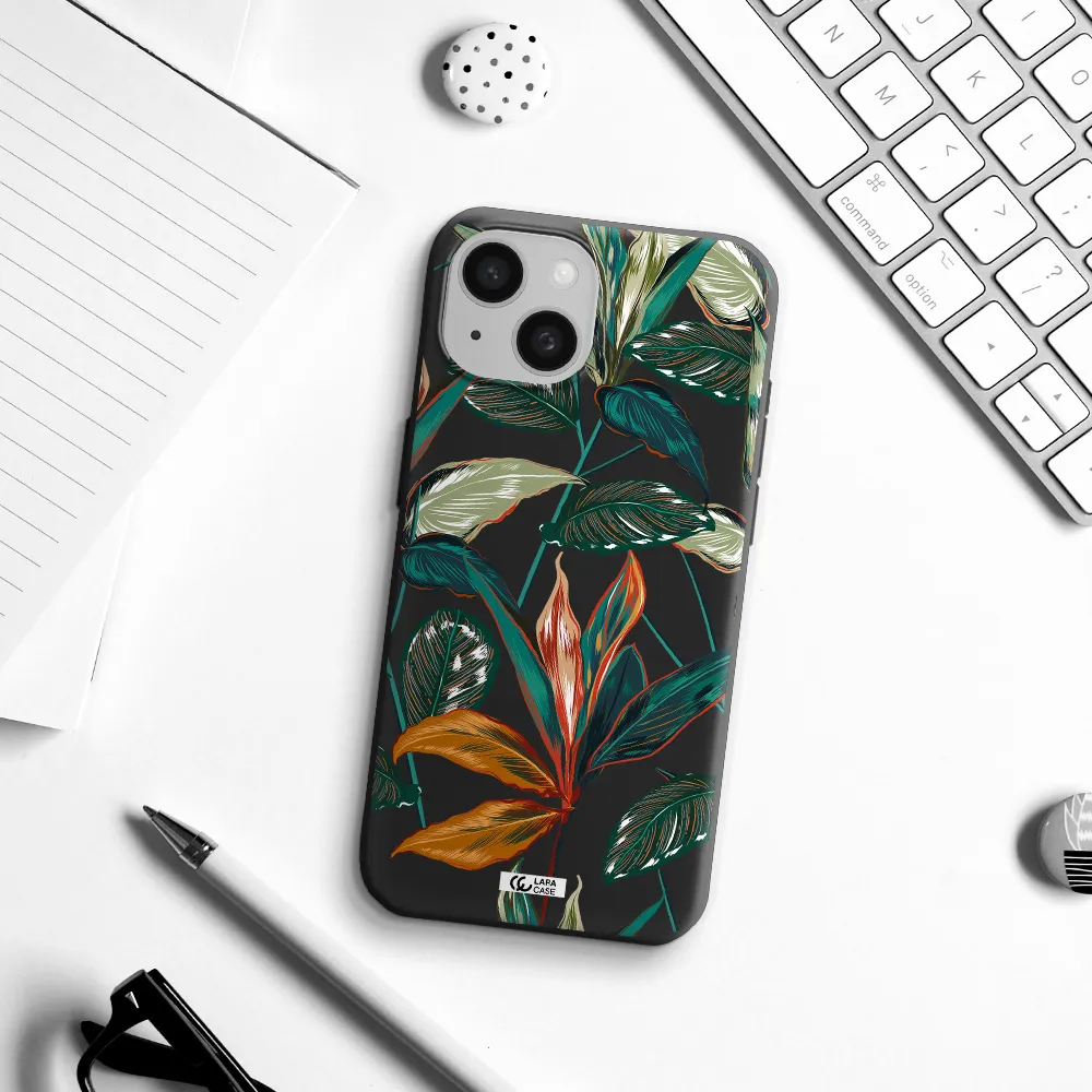 Colorful Tropical Leaves Apple iPhone 15 Silicone black Case